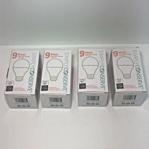 Four Simply Conserve 9 Watt A19 Dimmable 800 Lumen LED Light Bulbs Replaces 60W